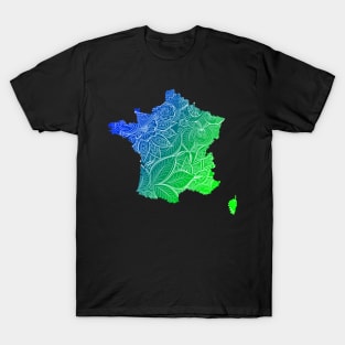 Colorful mandala art map of France with text in blue and green T-Shirt